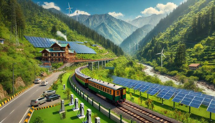 DALL·E 2024-11-05 21.41.03 - A picturesque landscape of Himachal Pradesh featuring lush green mountains and valleys under a clear blue sky, with solar panels and a small hydroelec